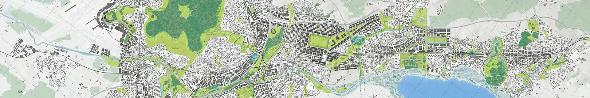 Das Bild zeigt eine detaillierte Karte eines urbanen Gebiets mit verschiedenen Merkmalen: Wohn- und Geschäftsgebäude, Straßen und Eisenbahnlinien, Grünflächen wie Parks und Wälder, Landwirtschaftliche Flächen, Gewässer, darunter Flüsse und eine Küstenlinie. Die Karte verwendet unterschiedliche Farben zur Unterscheidung: Grün für natürliche Flächen, Blau für Wasser, Grau für bebaute Bereiche, Weiß für unbebaute Flächen.