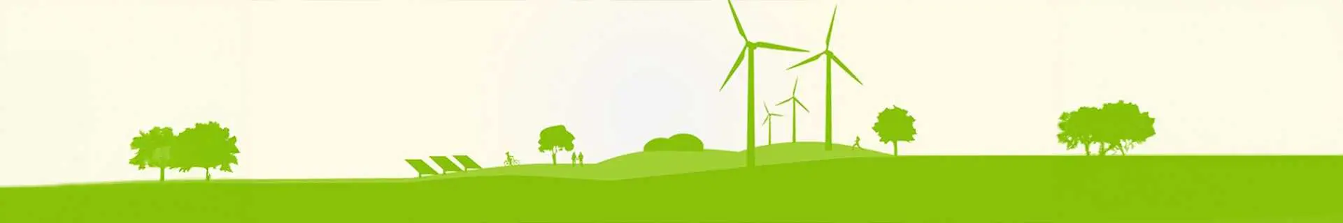 Das Bild zeigt eine grüne Landschaft mit mehreren Elementen, die erneuerbare Energien und Natur symbolisieren. Zu sehen sind Windkraftanlagen, Solarpanels, Bäume und kleine Hügel. Der Hintergrund ist hell gehalten, wodurch die grünen Elemente im Vordergrund besonders hervorgehoben werden.