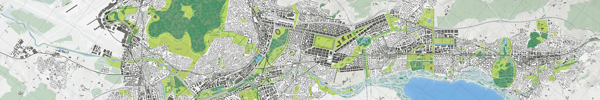 Das Bild zeigt eine detaillierte Karte eines urbanen Gebiets mit verschiedenen Merkmalen: Wohn- und Geschäftsgebäude, Straßen und Eisenbahnlinien, Grünflächen wie Parks und Wälder, Landwirtschaftliche Flächen, Gewässer, darunter Flüsse und eine Küstenlinie. Die Karte verwendet unterschiedliche Farben zur Unterscheidung: Grün für natürliche Flächen, Blau für Wasser, Grau für bebaute Bereiche, Weiß für unbebaute Flächen.